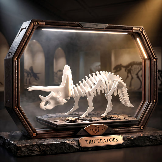 Triceratops 3D flat pack puzzle kit, museum fossil display showcase, bone finish