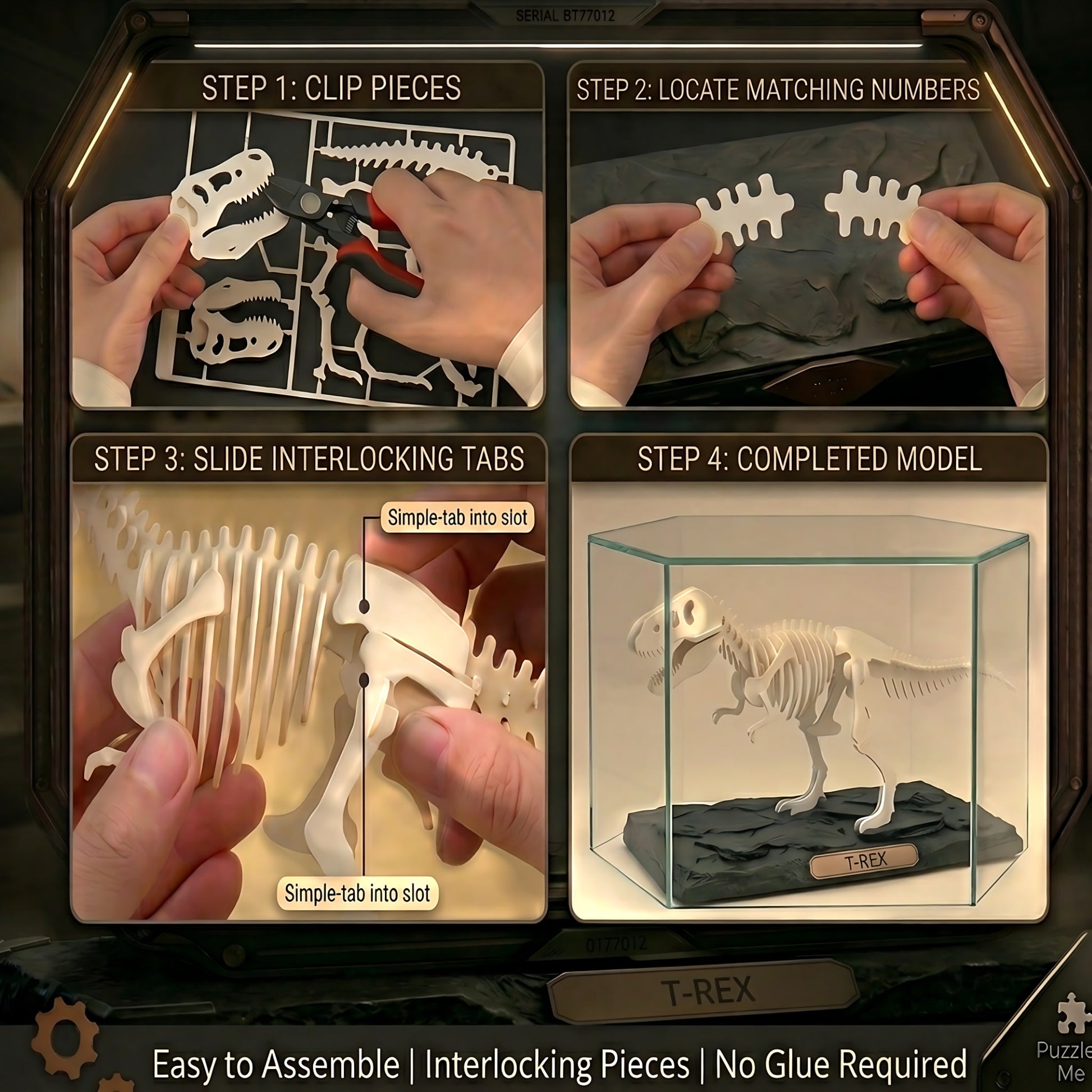 T-Rex 3D puzzle kit step-by-step assembly guide for numbered interlocking pieces
