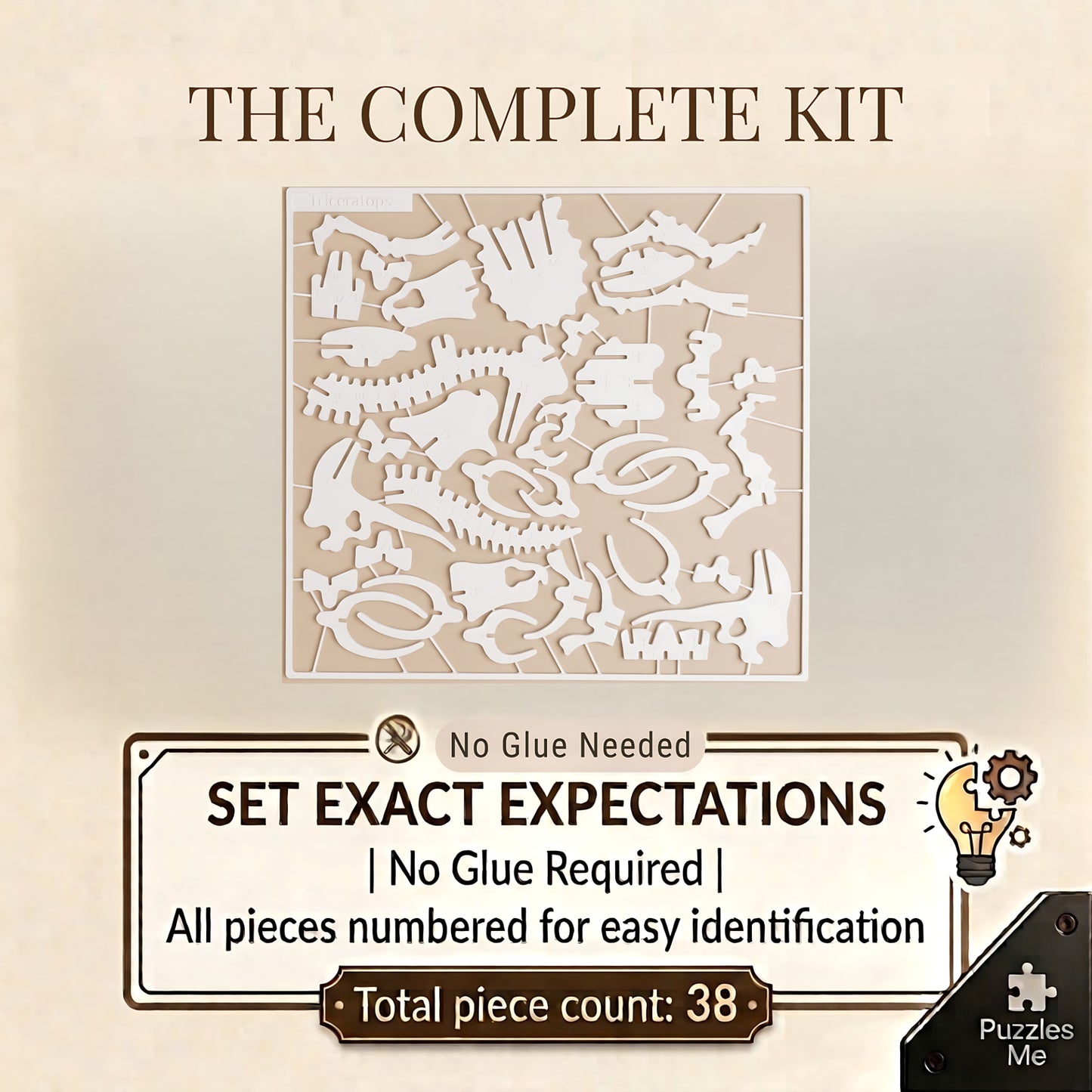 Triceratops 3D flat pack puzzle kit, flat pack card kit layout, 38 interlocking pieces
