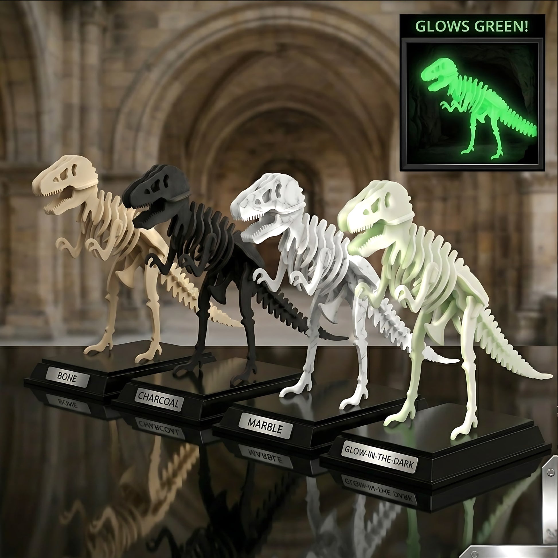 T-Rex 3D dinosaur puzzle models in Bone, Charcoal, Marble and Glow in the Dark colour options