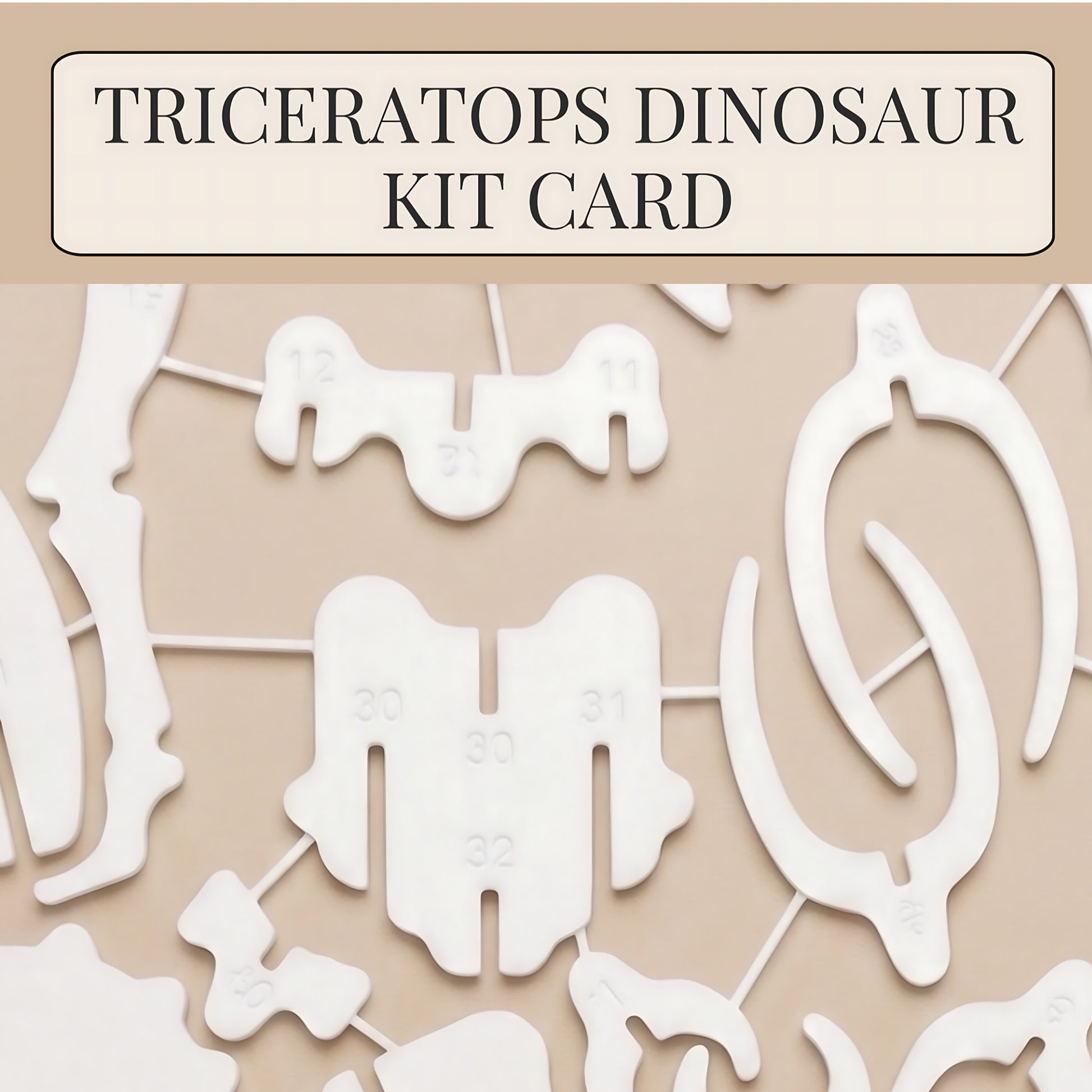 Triceratops 3D flat pack puzzle kit, numbered interlocking parts detail, precision matte finish
