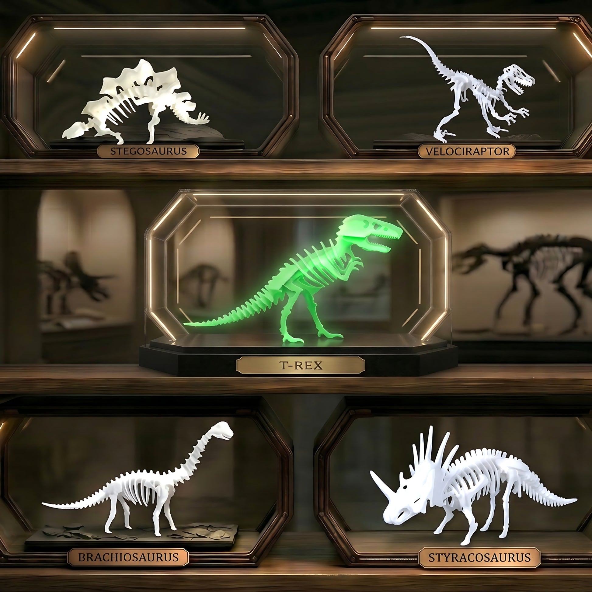3D dinosaur puzzle collection with Stegosaurus, Velociraptor, T-Rex, Brachiosaurus and Styracosaurus models