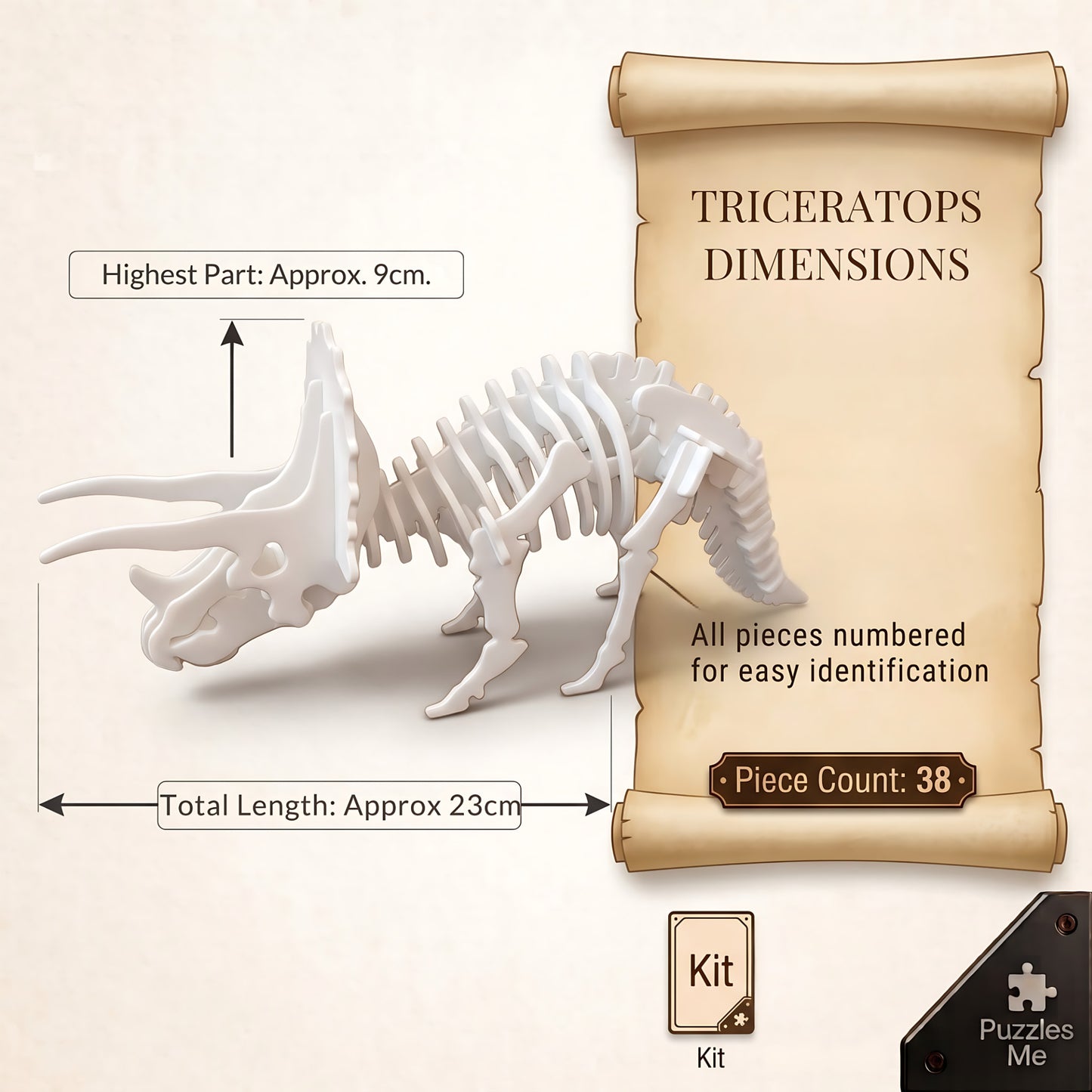 Triceratops 3D flat pack puzzle kit, assembled dimensions and sizing, 23 x 9 cm