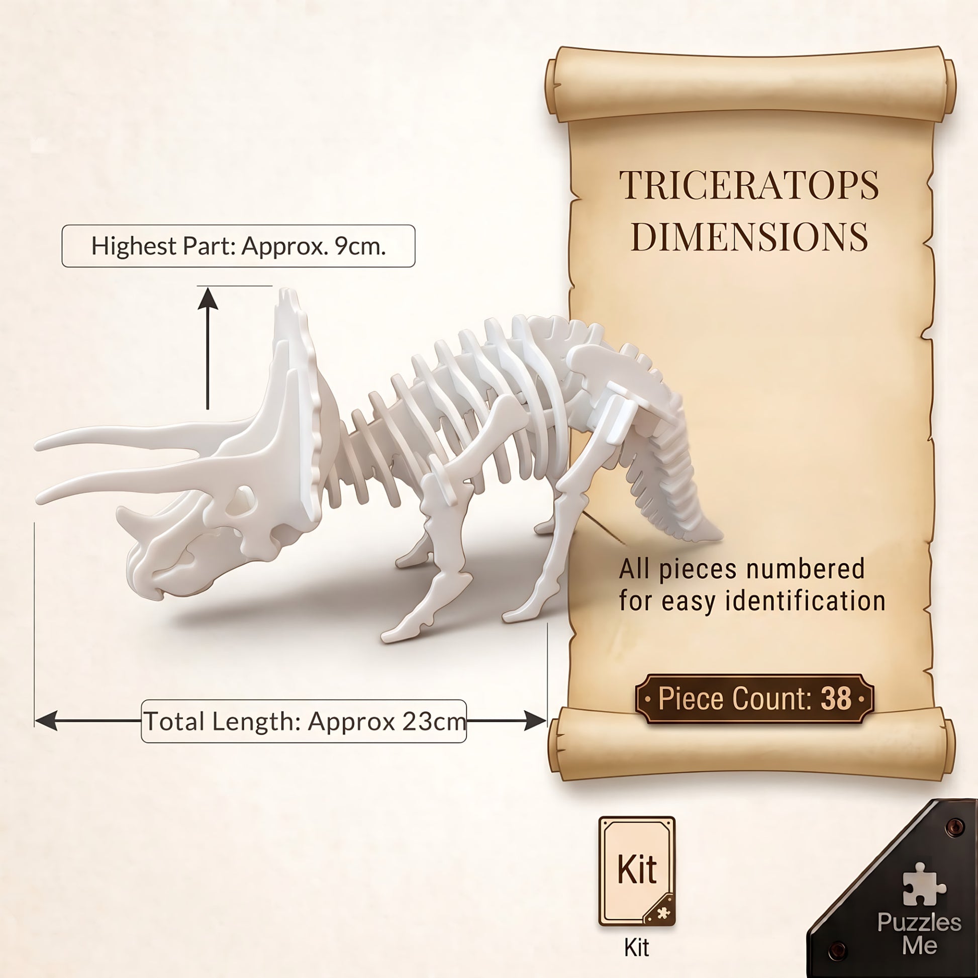 Triceratops 3D flat pack puzzle kit, assembled dimensions and sizing, 23 x 9 cm
