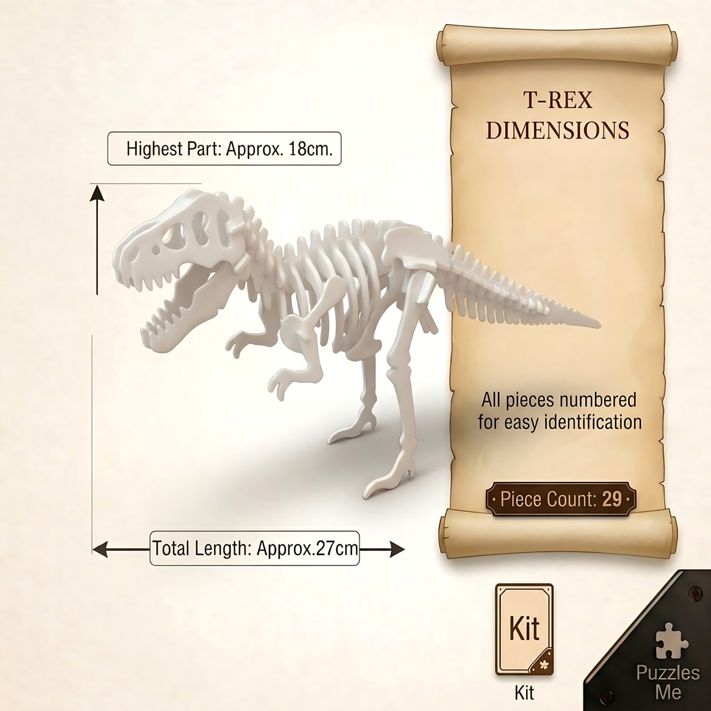 T-Rex 3D dinosaur skeleton puzzle model dimensions showing 27 cm length and 18 cm height