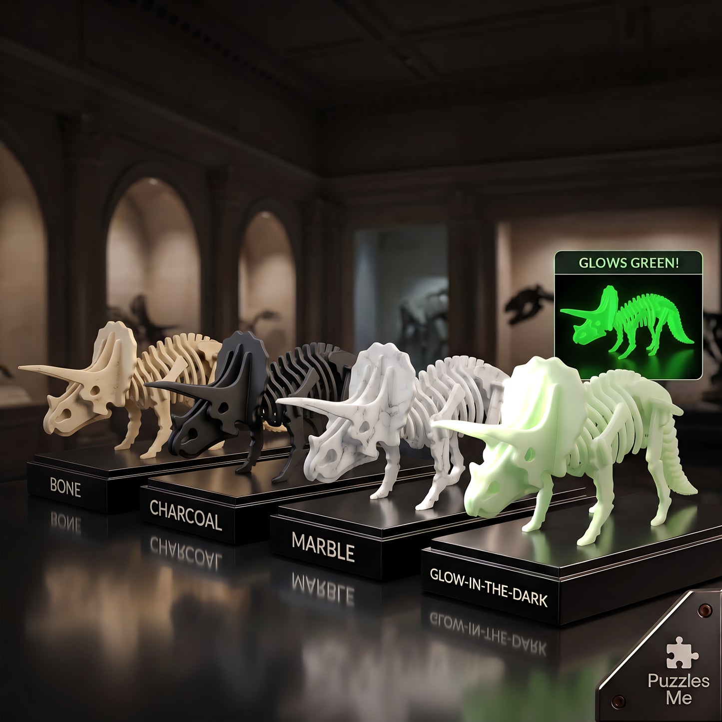 Triceratops 3D flat pack puzzle kit, colour options display, bone charcoal marble and glow in the dark