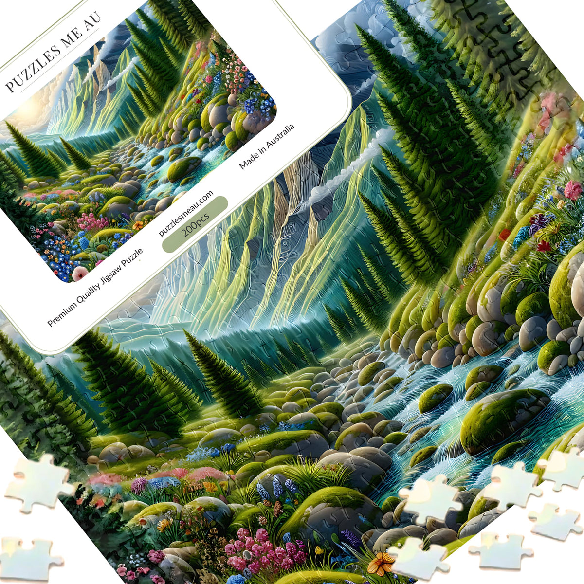 Alpine mountain stream 200 piece jigsaw puzzle - puzzle pieces spread alongside Puzzles Me AU branded box and Signature Edition metal keepsake box, lush pine forest with wildflowers and crystal stream through rocky alpine valley, handmade in Queensland Australia