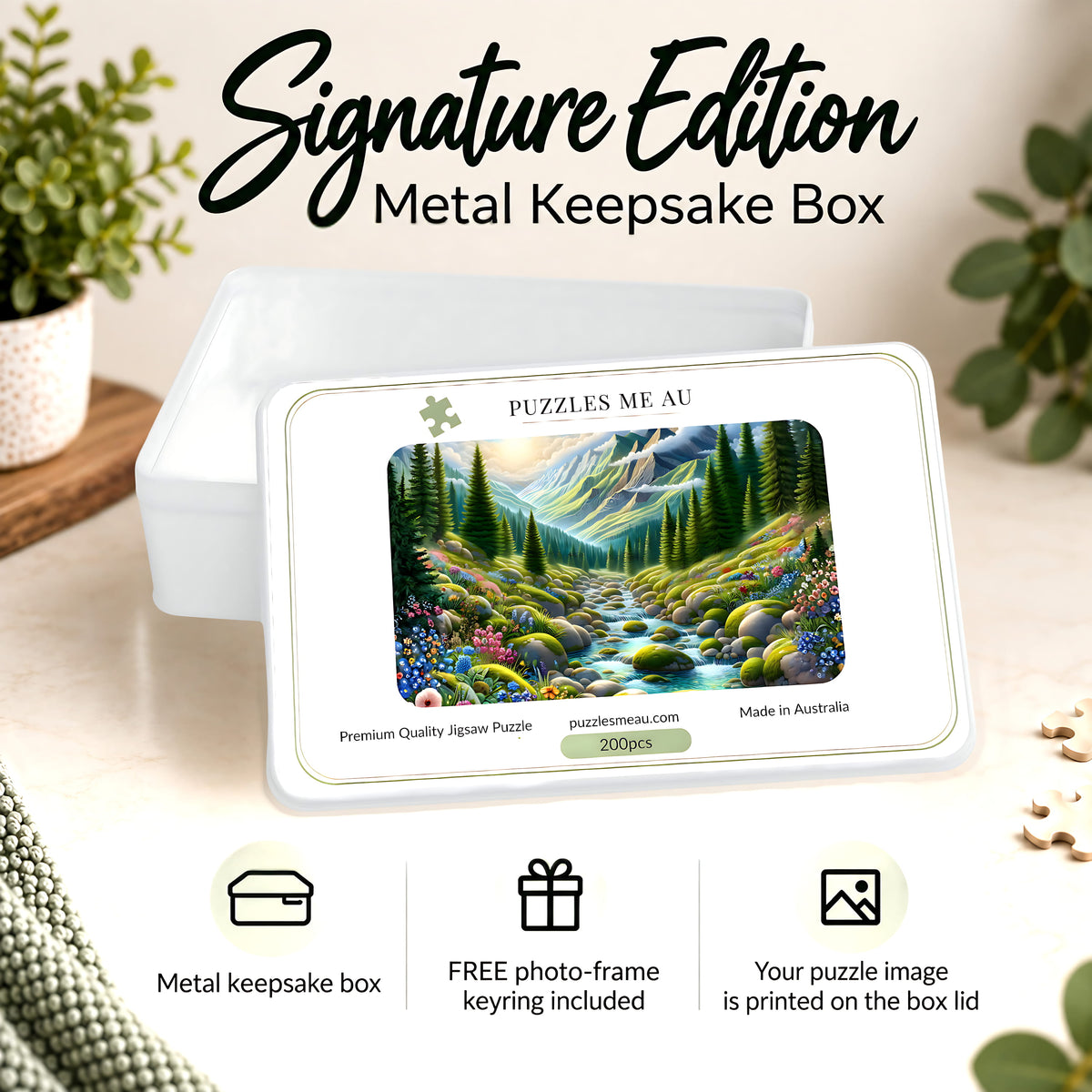 Puzzles Me AU Signature Edition metal keepsake box for alpine mountain stream 200 piece jigsaw puzzle - serene mountain valley with pine trees wildflowers and crystal clear stream, premium gift-ready packaging, handmade in Queensland Australia