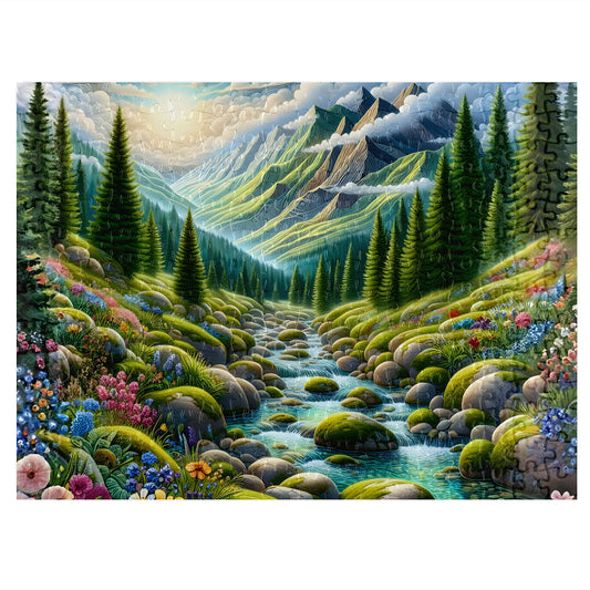 Alpine Mountain Stream 200-piece jigsaw puzzle showing assembled puzzle with gloss finish pieces, featuring a crystal-clear stream, wildflowers and mountain scenery