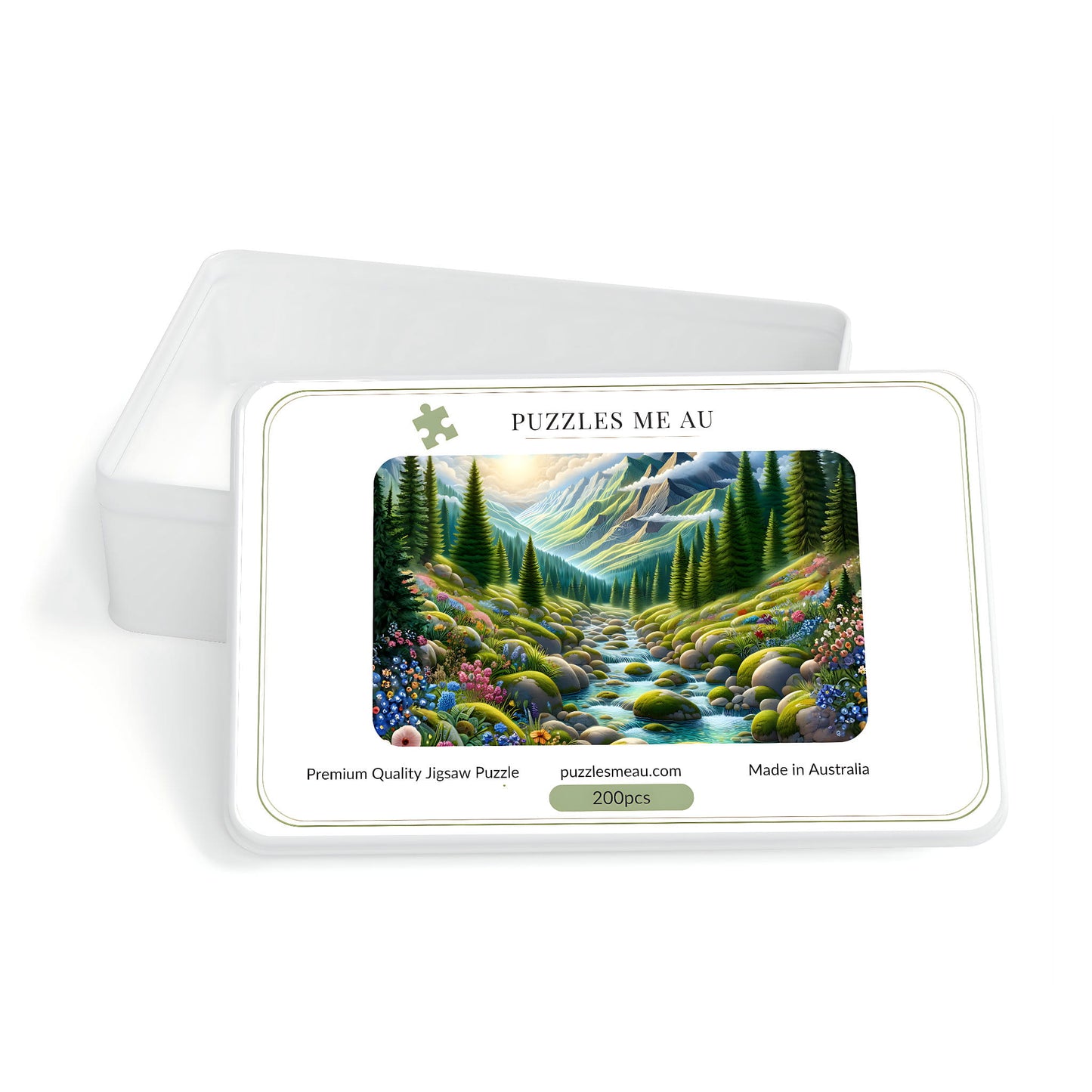 Puzzles Me AU branded box for Alpine Mountain Stream 200-piece jigsaw puzzle - Premium Quality, Made in Australia