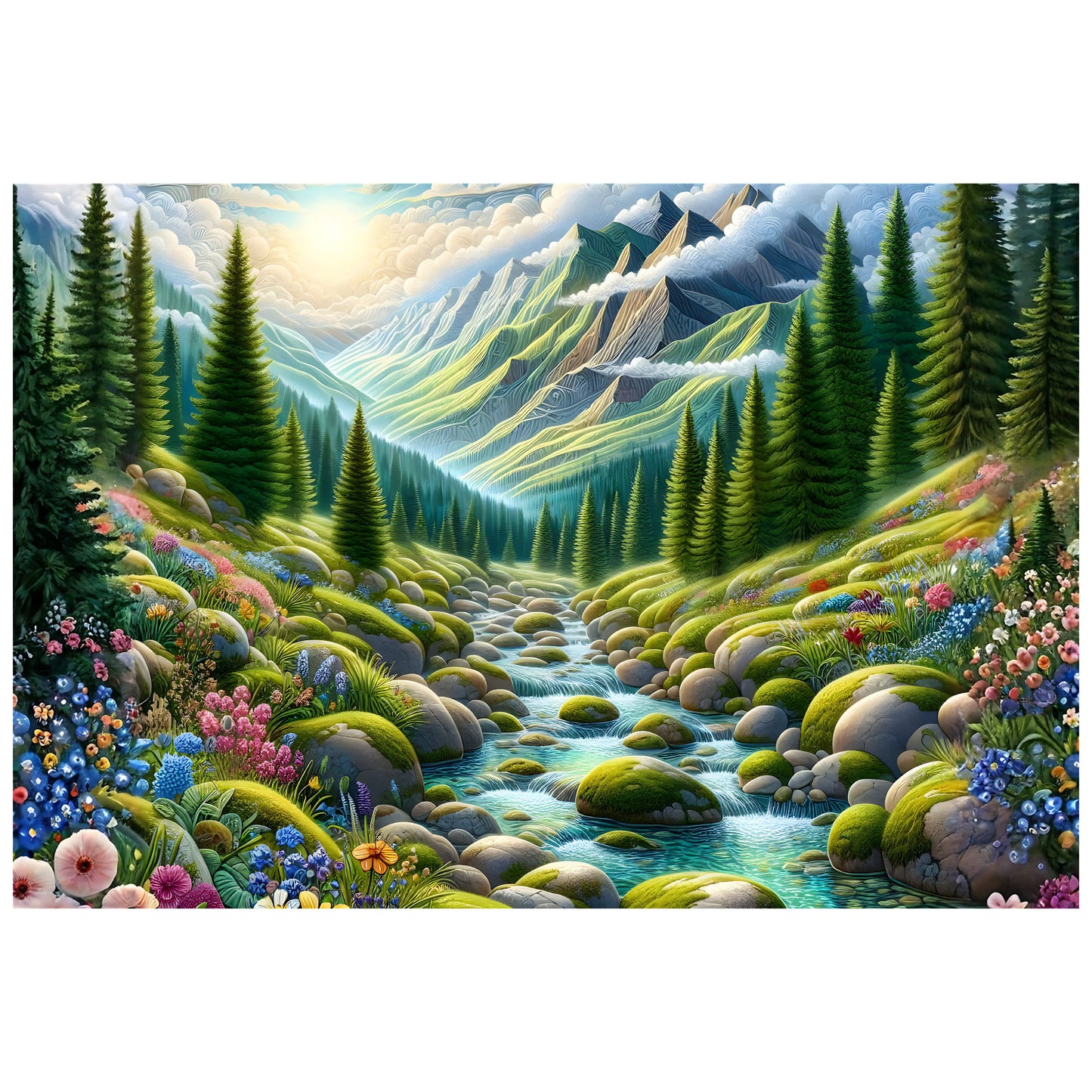 Reference image - Alpine mountain stream landscape with wildflowers, pine trees and snow-capped peaks, printed on premium matte photo paper