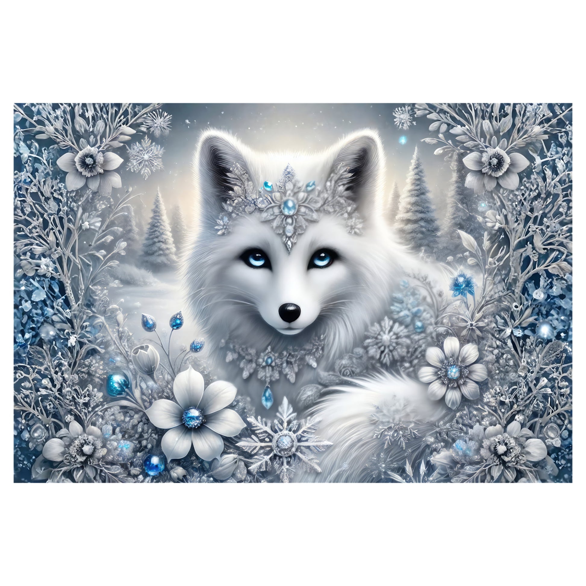 Arctic Fox Winter Fantasy puzzle artwork with white fox, blue eyes, silver florals and snowflakes