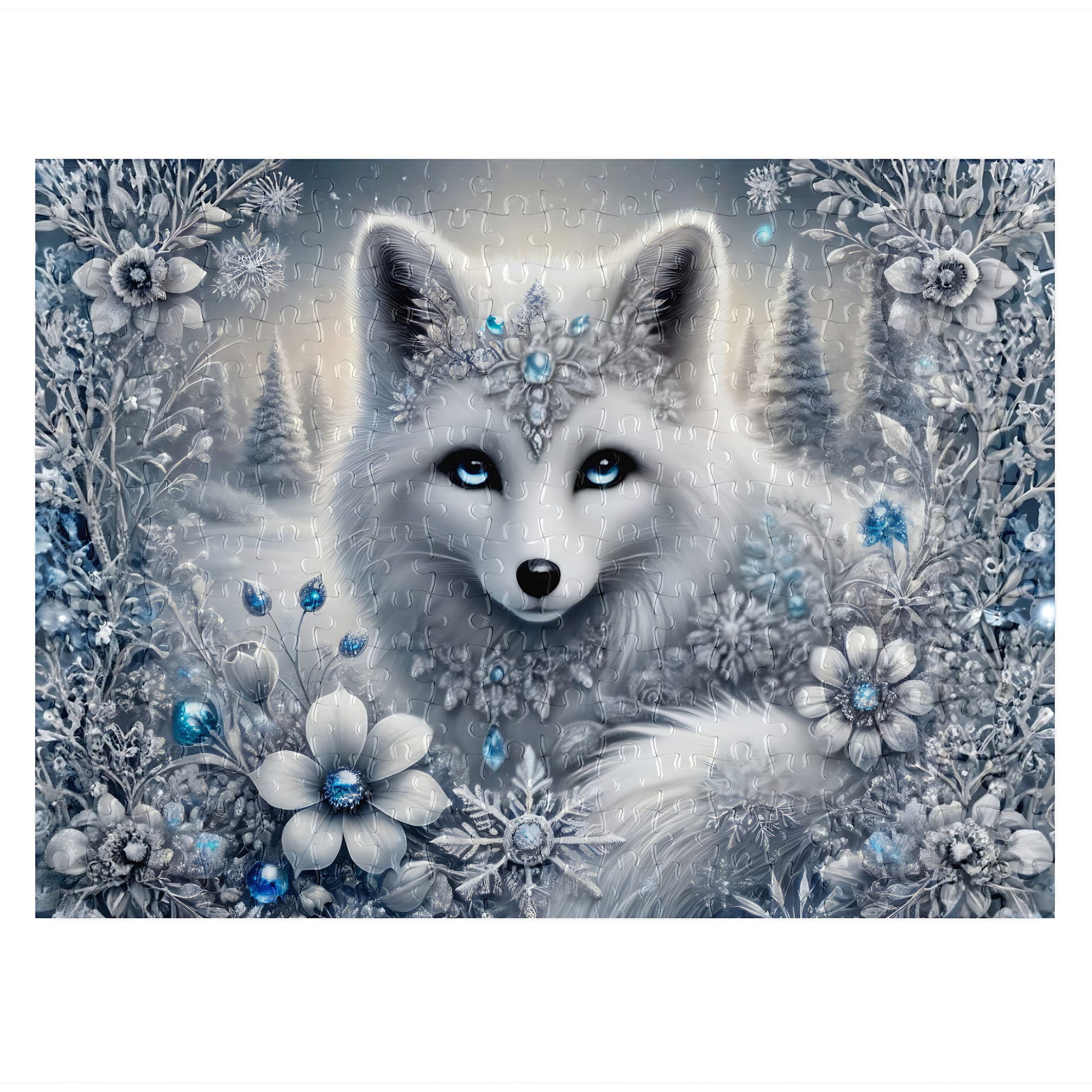 Arctic Fox Winter Fantasy 300-piece jigsaw puzzle assembled with silver botanical border