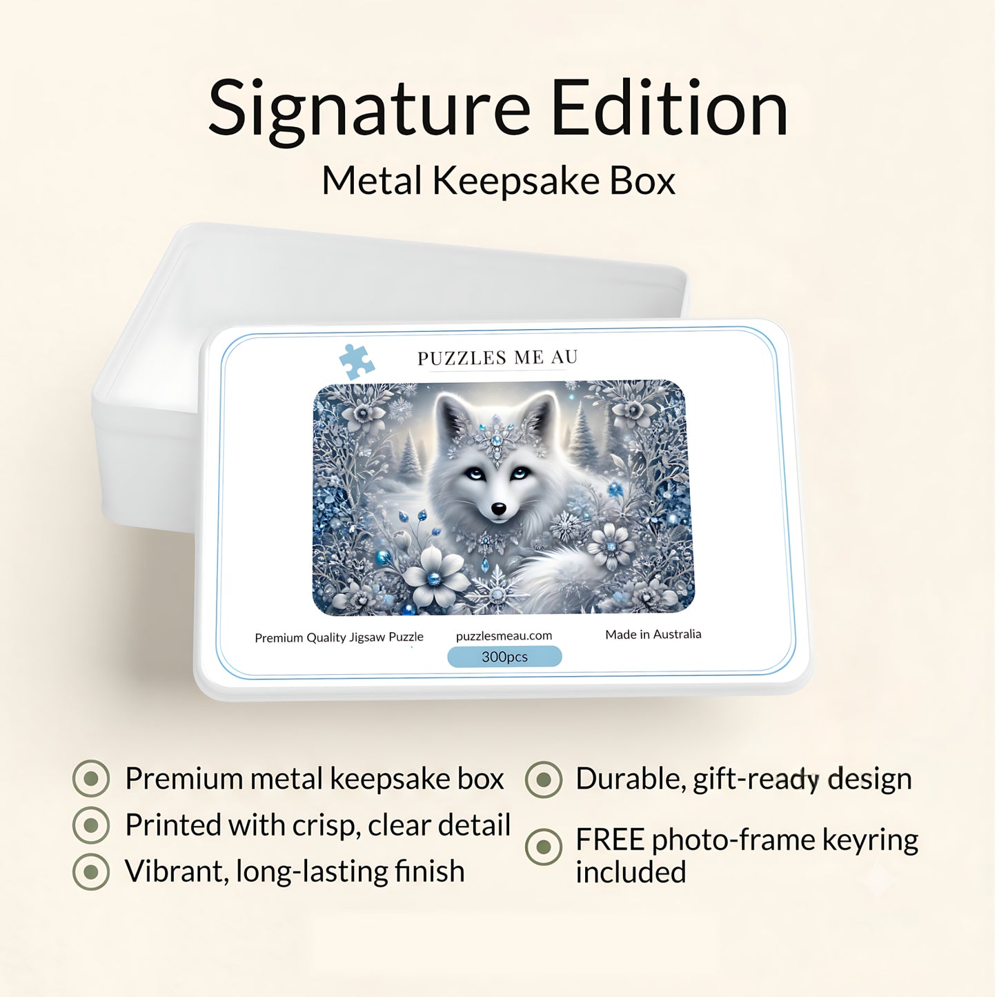 Signature Edition metal keepsake box for Arctic Fox Winter Fantasy 300-piece jigsaw puzzle with photo-frame keyring