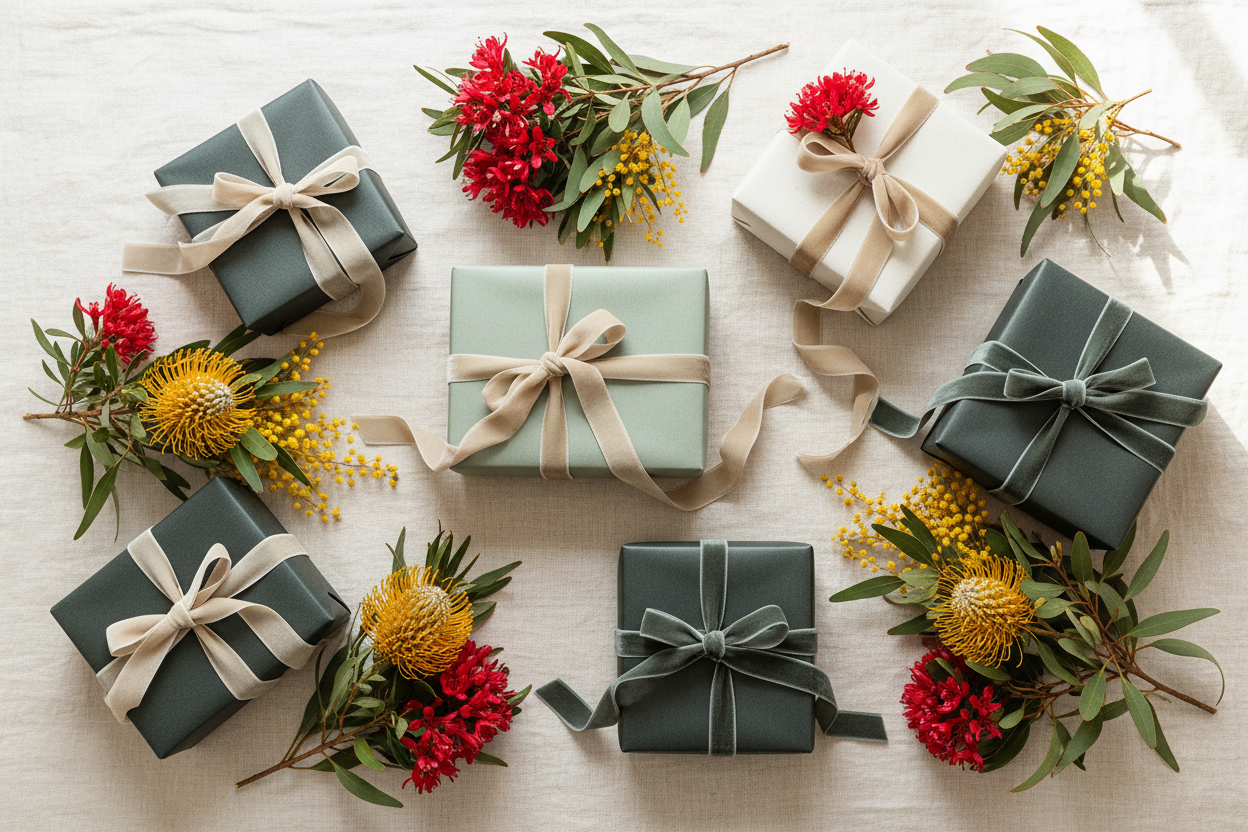 Beautifully wrapped Christmas gifts surrounded by native Australian flora including Christmas bush, banksia and gum leaves — handmade jigsaw puzzles from Puzzles Me AU, Queensland
