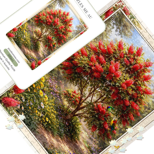 Australian Bottlebrush and Lorikeet wooden jigsaw puzzle 300 pieces - hero image showing completed puzzle with vibrant red bottlebrush tree and rainbow lorikeets - handmade in Queensland Australia