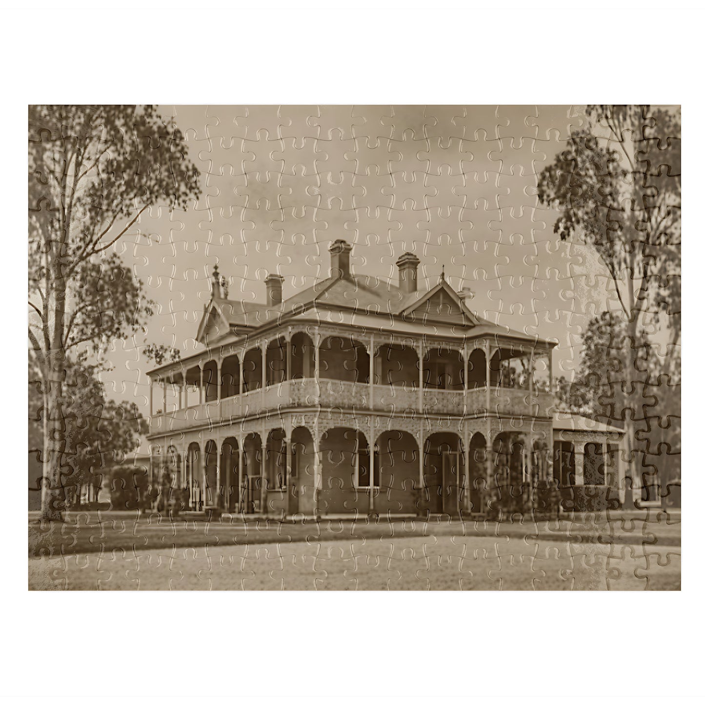 Australian heritage building jigsaw puzzle laid flat, sepia tone, 300 pieces, Puzzles Me AU