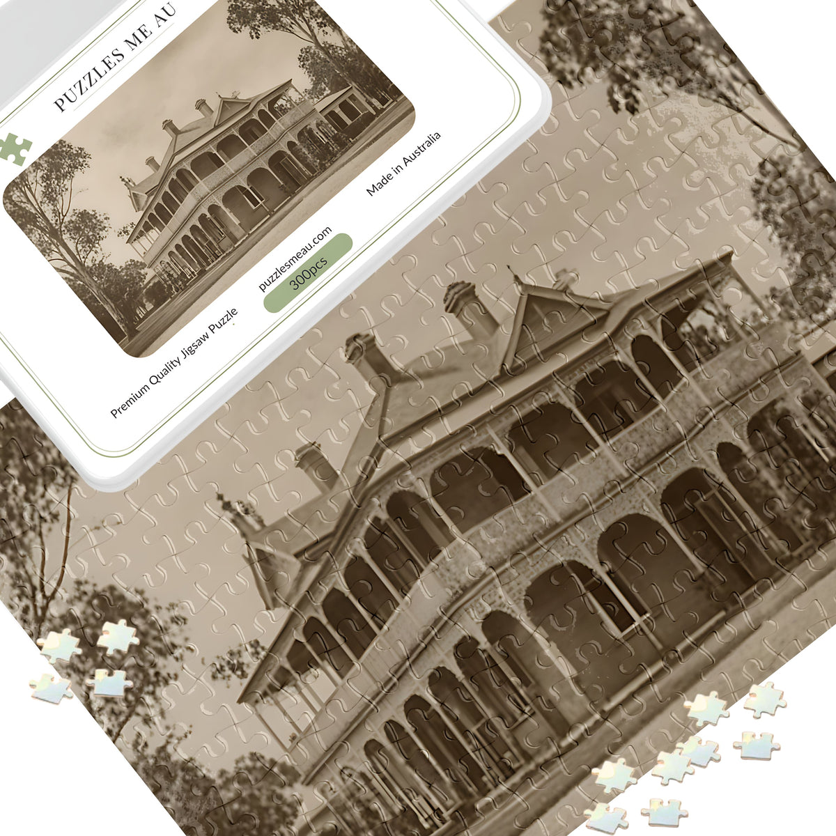 Heritage Station Homestead jigsaw puzzle 300 pieces, spread with presentation box, sepia tone, Puzzles Me AU