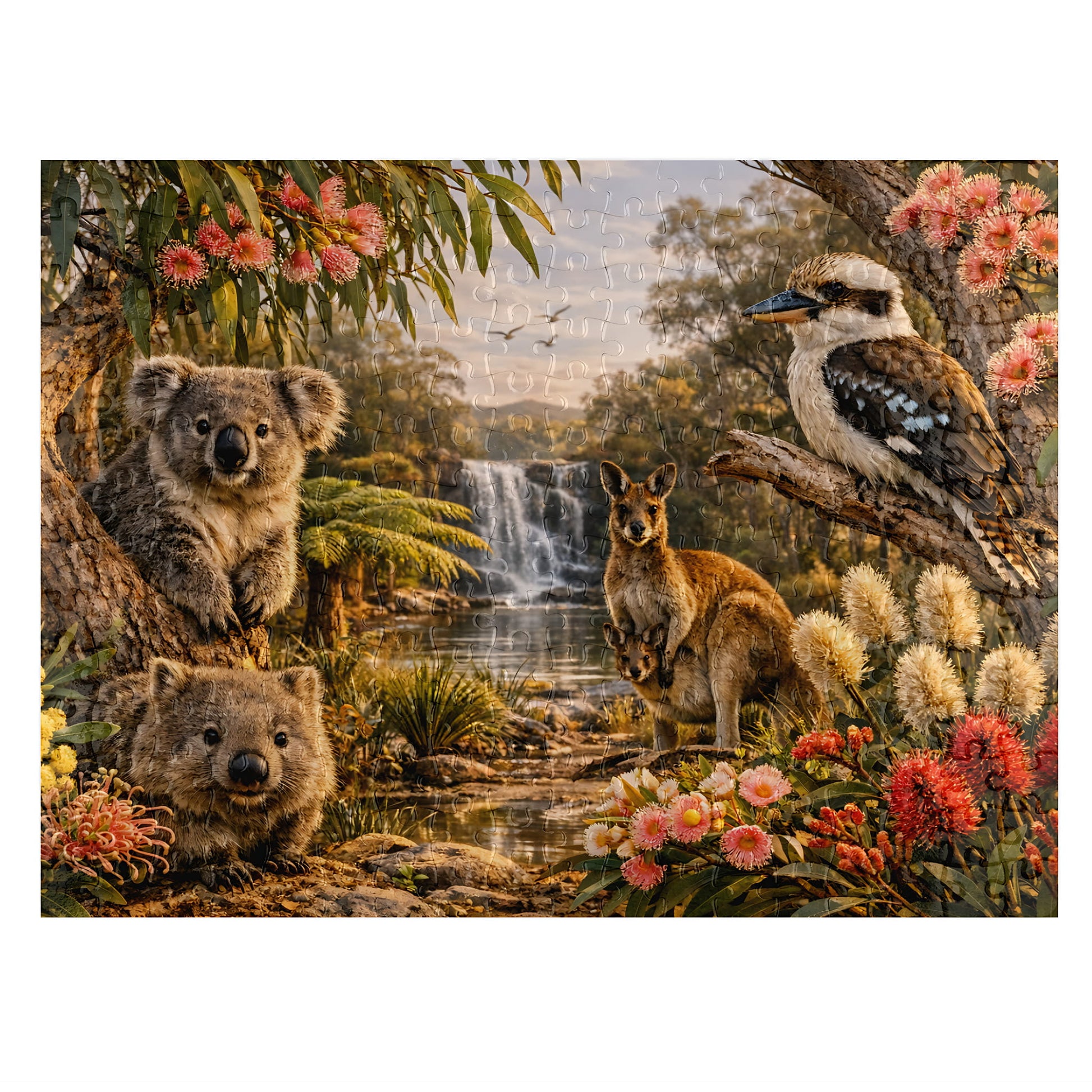A  wooden 300pc jigsaw puzzle depicting a natural Australian landscape with koalas, a kookaburra, a kangaroo, a waterfall, and pink flowers, shown centred on a white background.