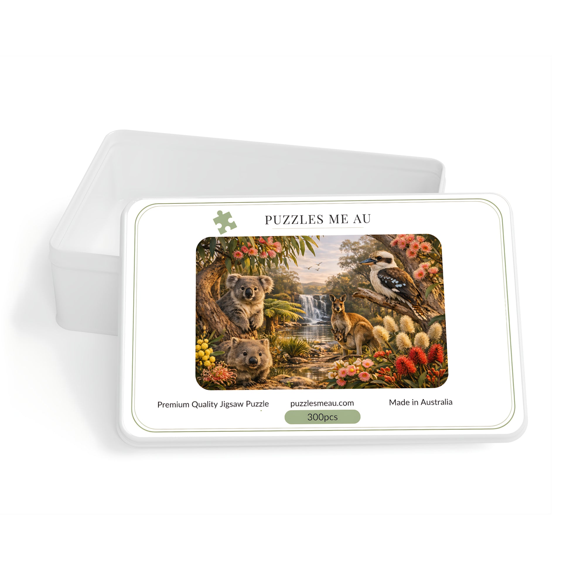 A 300pc wooden jigsaw puzzle box by Puzzles Me Au, featuring a colourful illustration of koalas, a bird, and a waterfall. The white rectangular metal box is shown slightly open behind the front view on a clean white background.