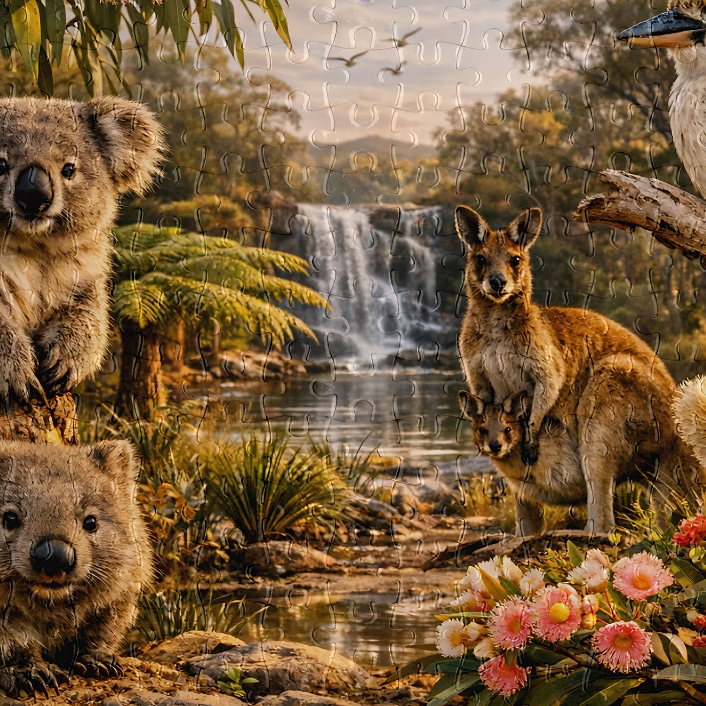A completed wooden jigsaw puzzle depicting a lush Australian wildlife scene with koalas, a kangaroo carrying a joey, a waterfall, trees, flowers, and birds, shown against a neutral light background.