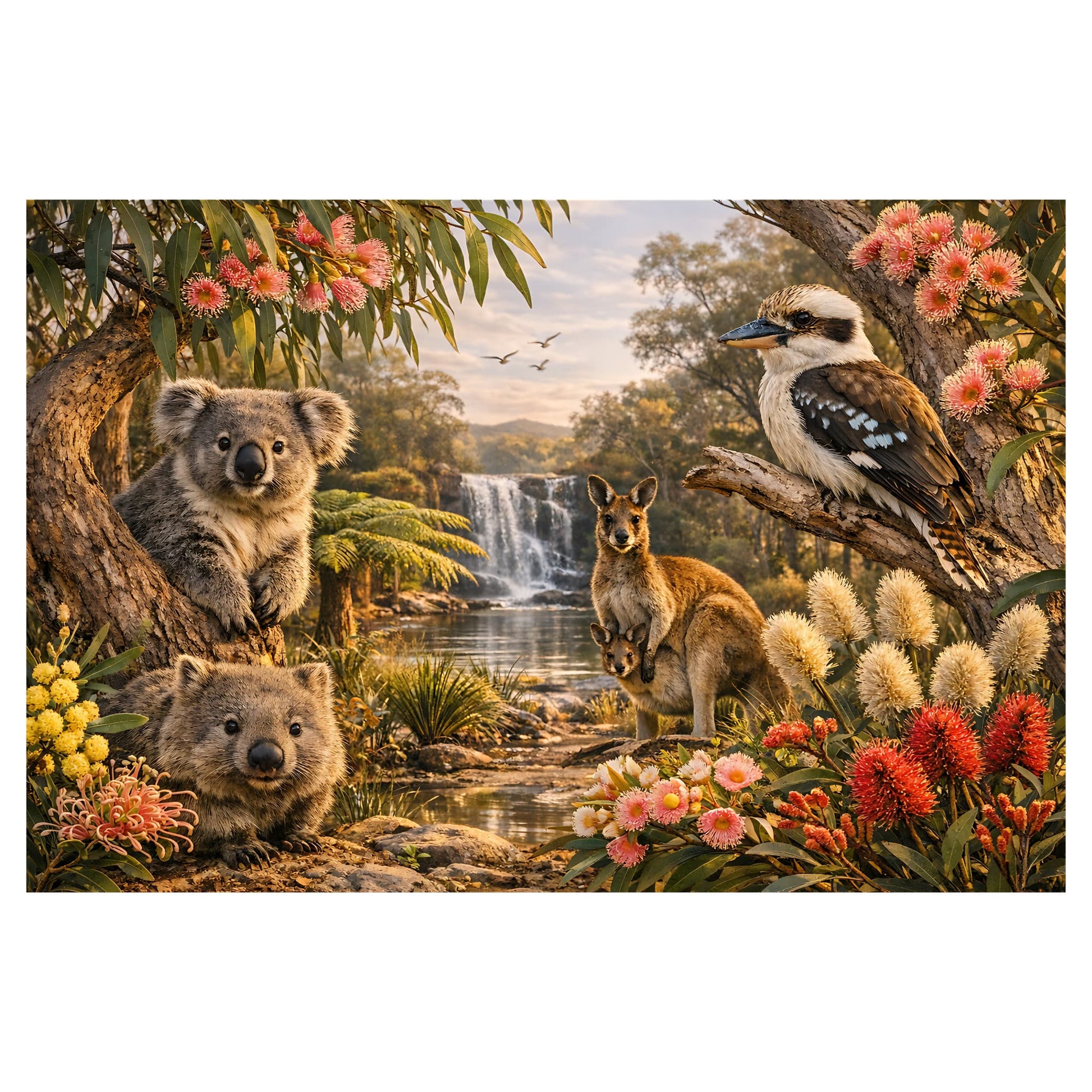 A reference art print showing a natural Australian landscape with koalas, a kangaroo, a kookaburra, a waterfall, and colourful flowers. The artwork fills most of the frame against a light grey background.
