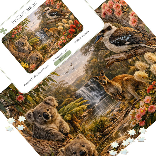 Australian Wildlife wooden jigsaw puzzle 300 pieces - hero image showing completed puzzle with koala, wombat, kangaroo and kookaburra - handmade in Queensland Australia
