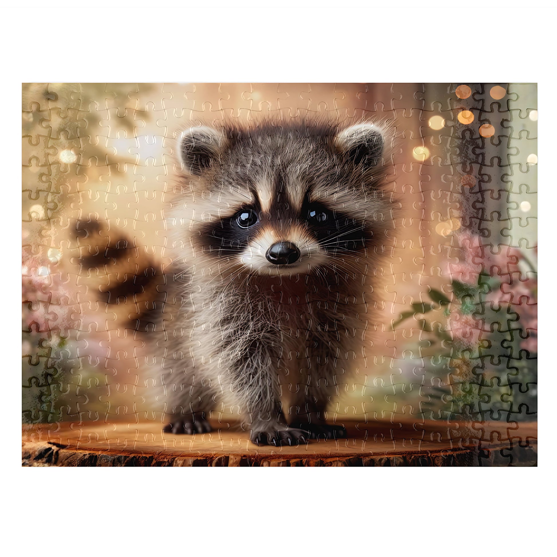 A completed jigsaw puzzle featuring a cute raccoon cub with dark eyes and a bushy tail, standing on a tree stump against a warm, softly blurred forest background with bokeh lights.