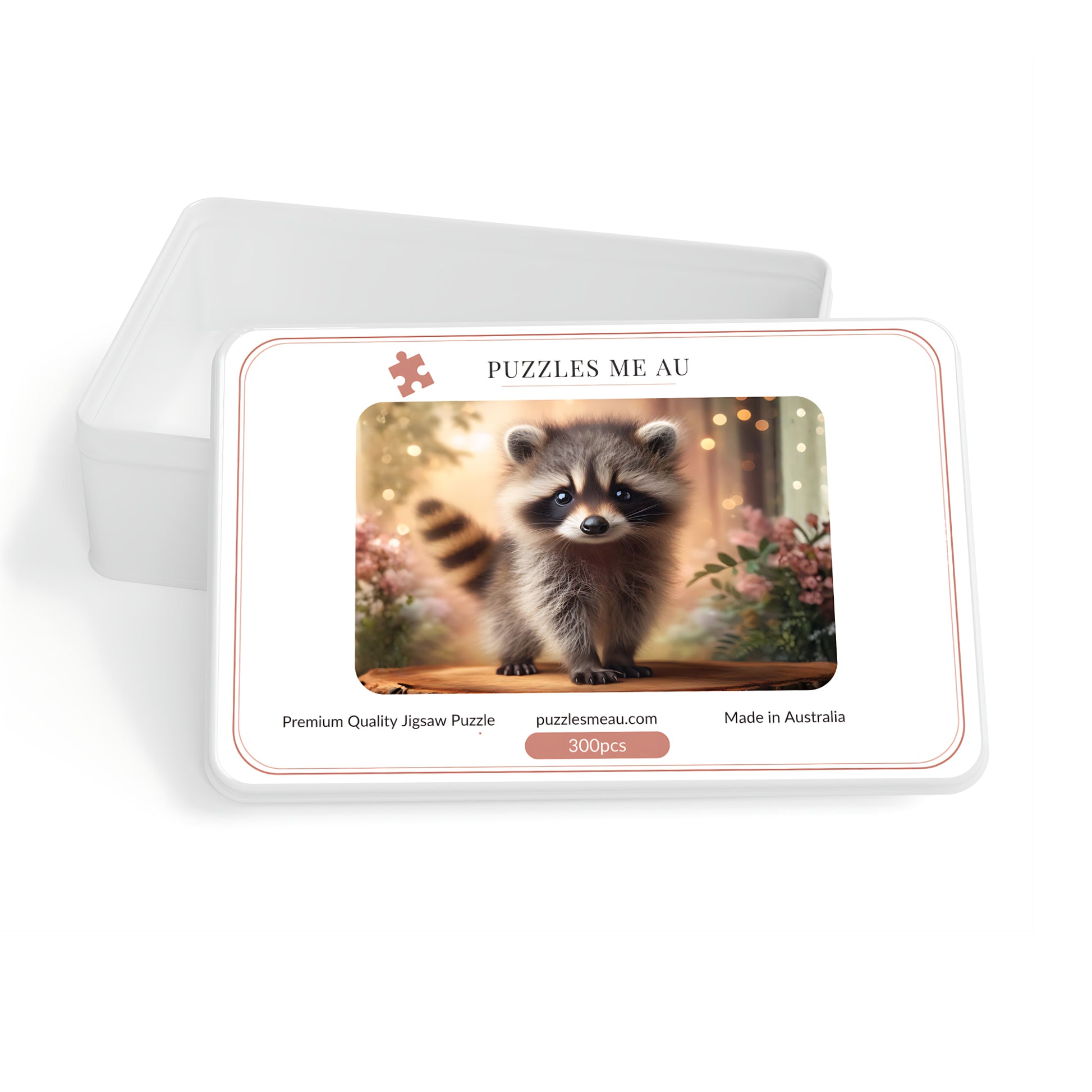 A300-piece wooden jigsaw puzzle in a white rectangular box with a lid, featuring a printed illustration of a raccoon in a warm, glowing outdoor scene. The brand name 'PUZZLES ME AU' is printed at the top of the box.