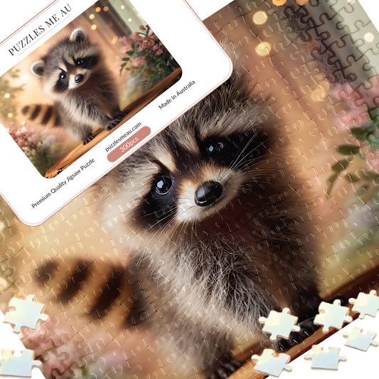 Puzzles Me AU Signature Edition metal keepsake box for baby raccoon 300 piece wooden puzzle - wide-eyed raccoon with soft pink florals and bokeh light, premium gift-ready packaging, handmade in Queensland Australia