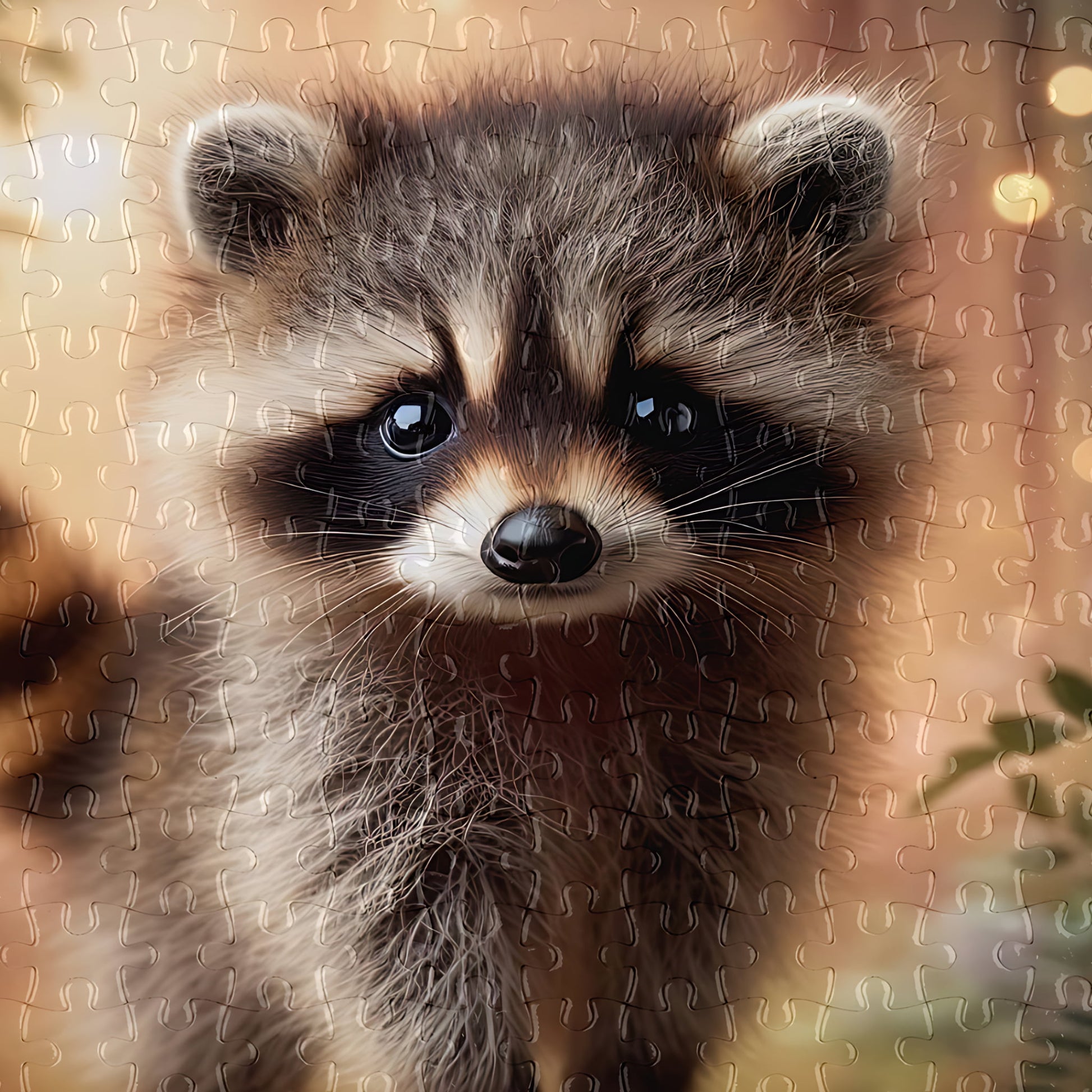 A completed jigsaw puzzle featuring a close-up portrait of a raccoon with large dark eyes and a black-and-cream mask, set against a softly blurred warm-toned background.