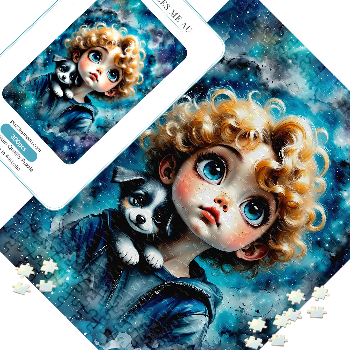Big Eye Inspired Boy and Puppy 300 piece jigsaw puzzle - hero image showing completed puzzle and metal keepsake box - handmade in Queensland Australia