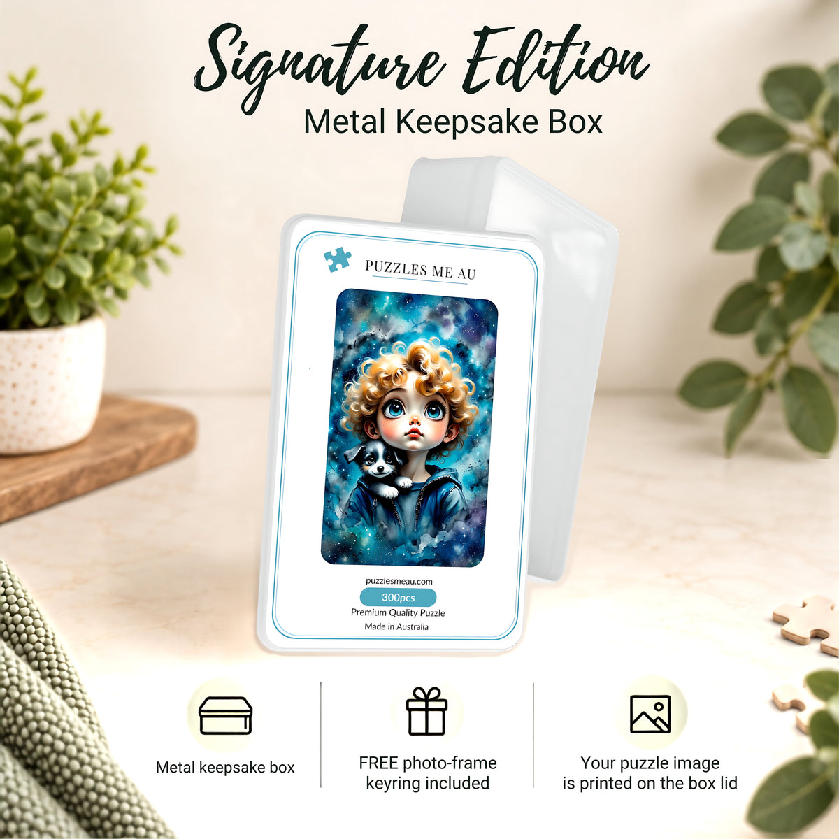 Big Eye Inspired Boy and Puppy 300 piece jigsaw puzzle - Signature Edition metal keepsake box with free photo-frame keyring - gift ready - Puzzles Me AU