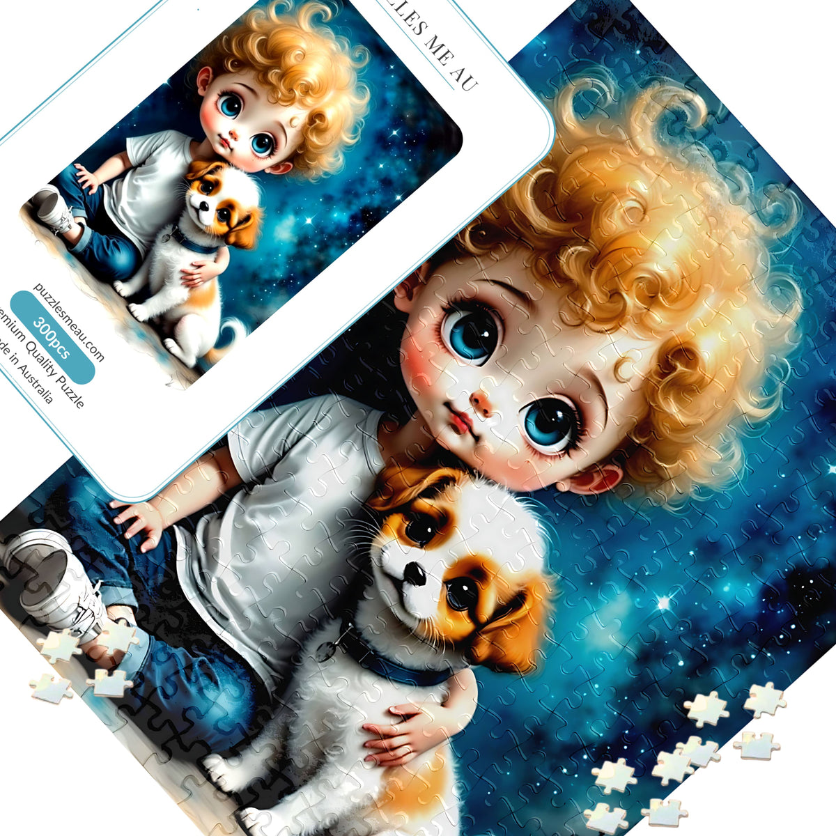 Big Eye Inspired Boy and Puppy 300 piece jigsaw puzzle Series 2 - hero image showing completed puzzle and keepsake box - handmade in Queensland Australia