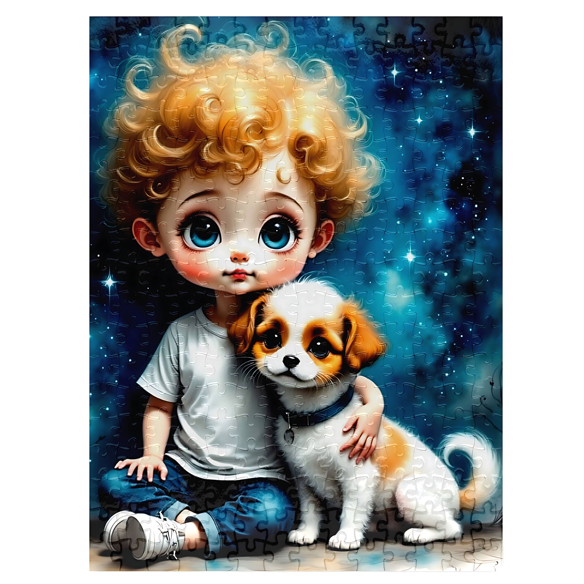 Big Eye inspired jigsaw puzzle Series 2- curly red-haired boy holding a brown and whitepuppy, swirling teal nebula watercolour background, 300 pieces