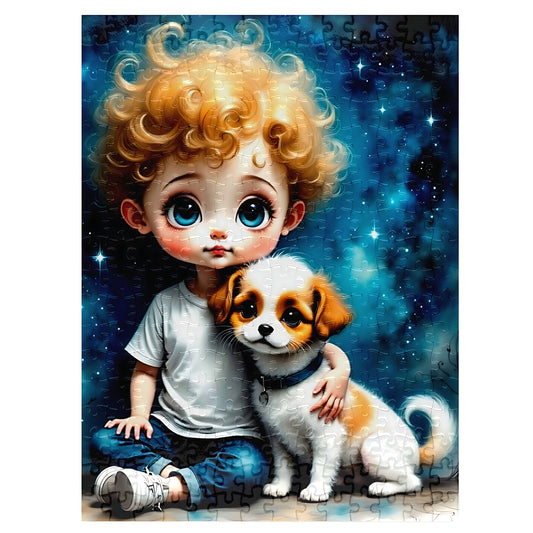 Big Eye Inspired Boy and Puppy Series 2 300-piece jigsaw puzzle with red-haired boy, brown and white puppy, and teal galaxy watercolour background