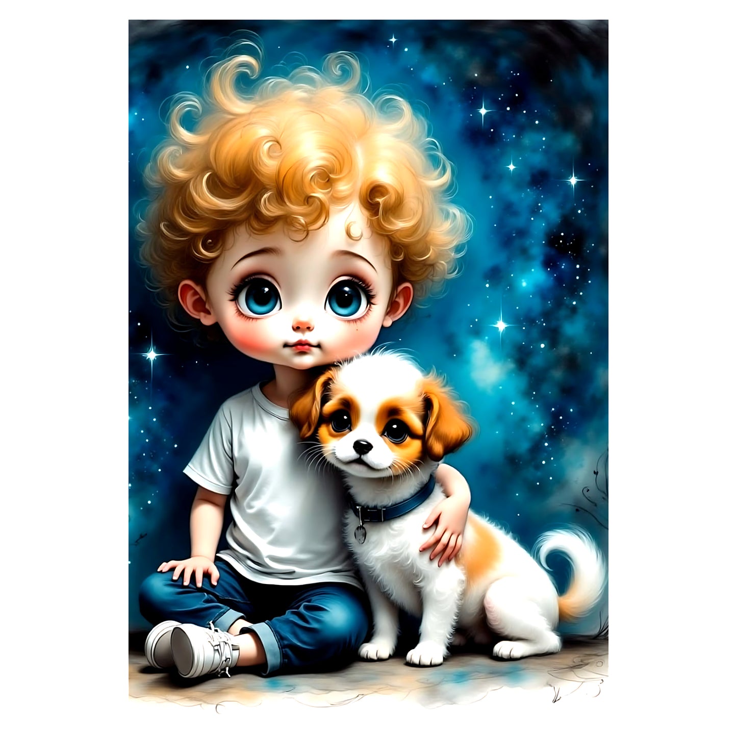 Big Eye inspired artwork Series 2 — wide-eyed boy in white shirt cradling a brown and white puppy against dramatic teal and purple galaxy watercolour background