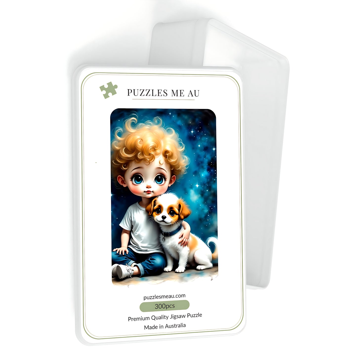 Puzzles Me AU branded box packaging for Big Eye Boy & Puppy Series 2 — 300 piece jigsaw puzzle