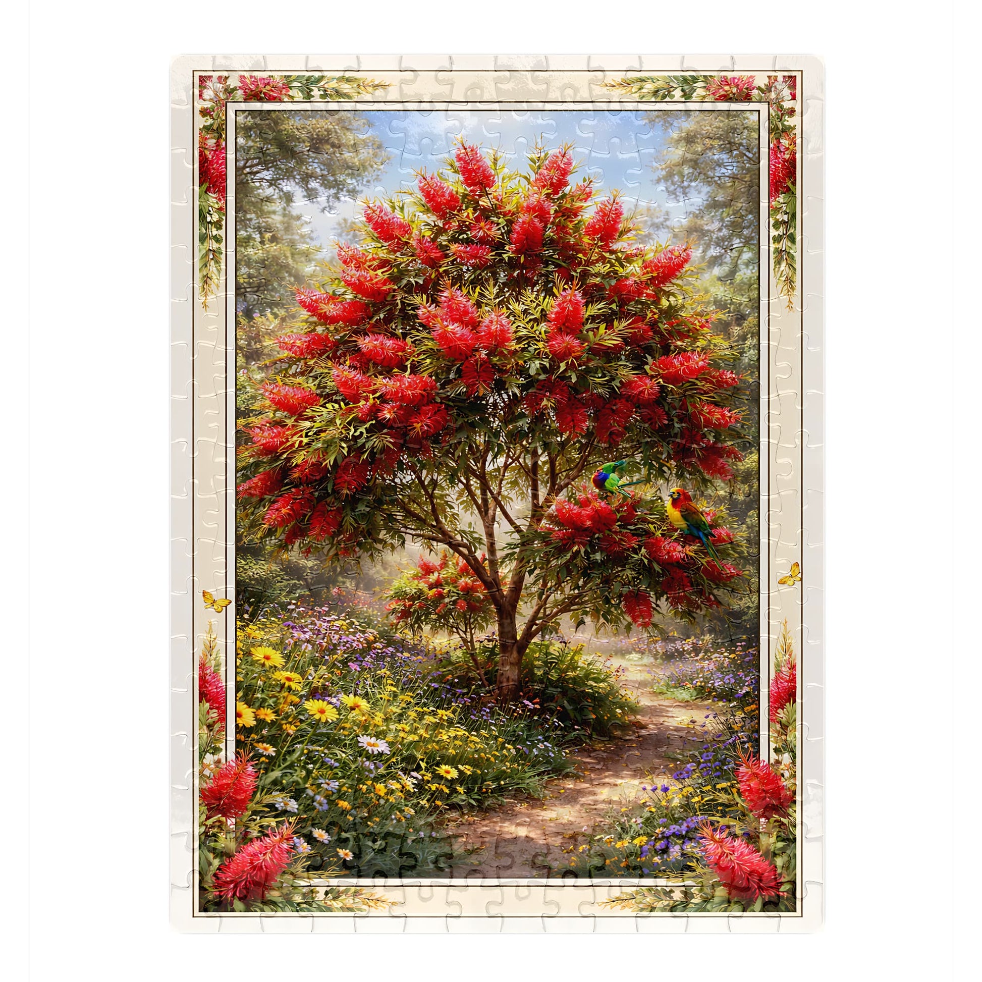 A 300pc wooden jigsaw puzzle depicting a lush garden scene with a central tree of an Australian bottle brush tree with red flowers, a winding path, and colorful wildflowers, bordered by a decorative cream frame.
