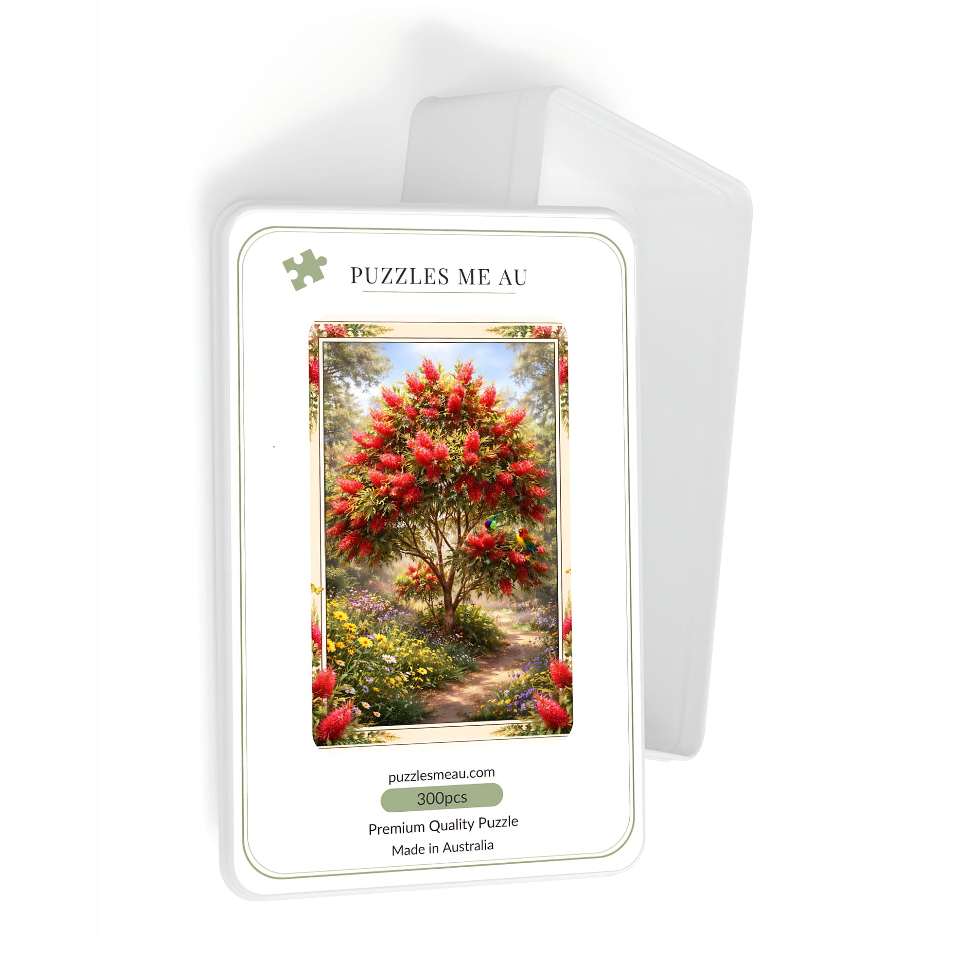 A 300-piece jigsaw puzzle in its white packaging box, featuring a colourful illustration of a bottle brush tree with red flowers. A metal puzzle box is positioned behind the main white box on a clean white background.