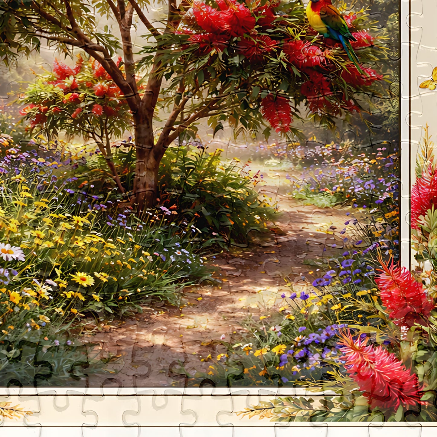 A completed jigsaw puzzle showing a colorful garden scene with a winding dirt path, lush green foliage, red flowers, yellow and purple wildflowers, and a small green parrot perched on a tree branch. The puzzle pieces are visible around the edges, indicating it is a puzzle product.