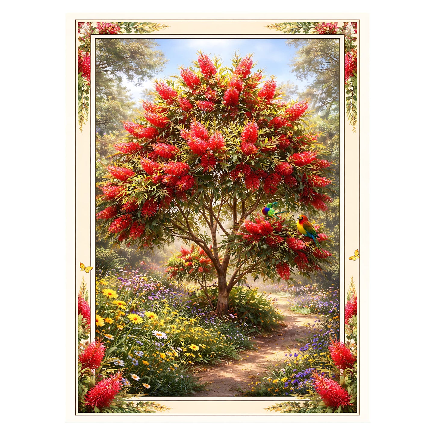 A framed art print depicting a lush garden scene with a large tree covered in bright red flowers, a winding dirt path, colorful wildflowers, and two small parrots. The print is bordered by a cream-colored frame with floral accents.