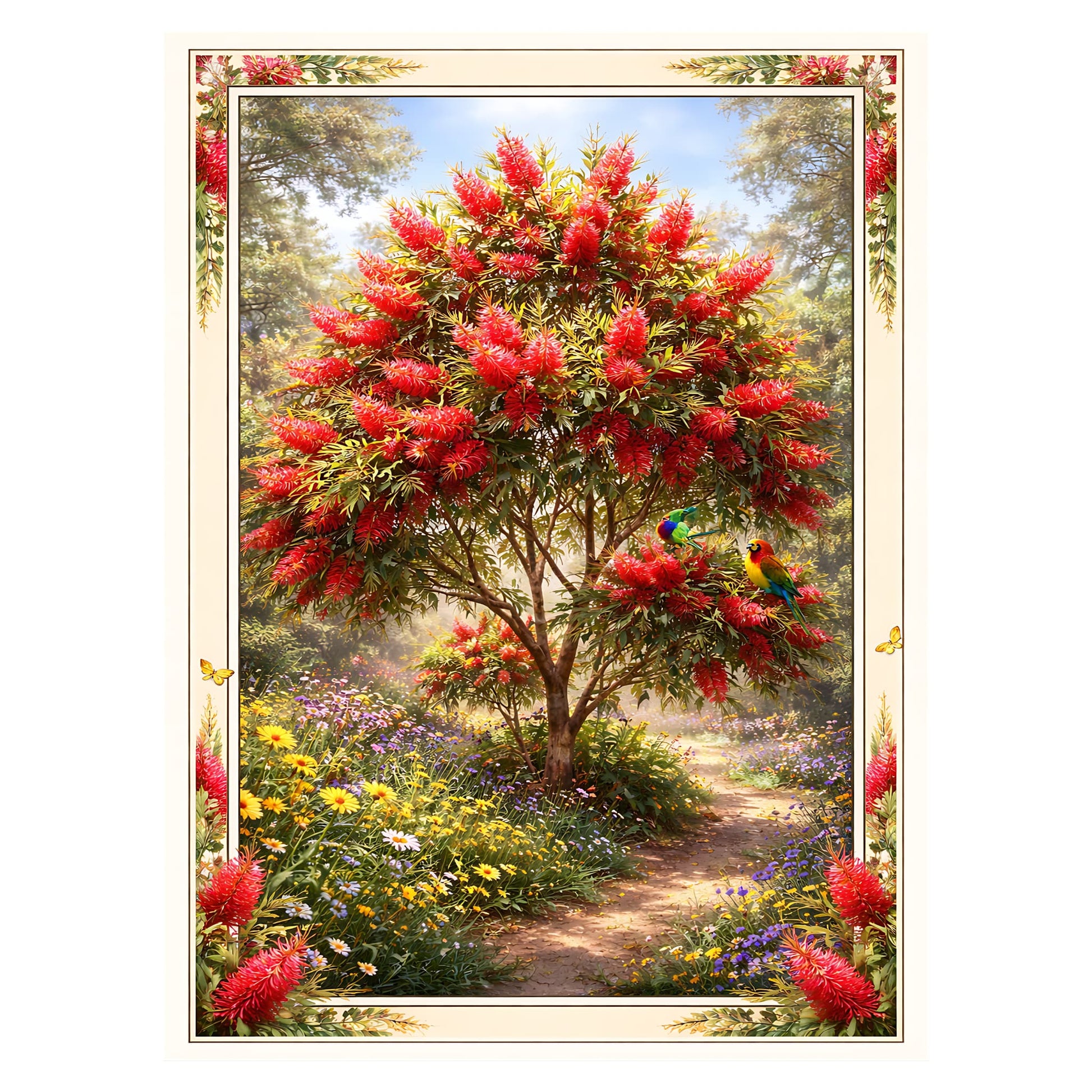 A framed art print depicting a lush garden scene with a large tree covered in bright red flowers, a winding dirt path, colorful wildflowers, and two small parrots. The print is bordered by a cream-colored frame with floral accents.