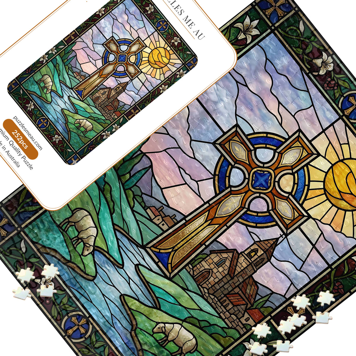Celtic Cross Stained Glass 252 piece jigsaw puzzle - hero image showing completed puzzle with golden Celtic cross, glowing sun and countryside chapel - handmade in Queensland Australia