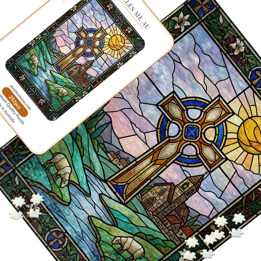 Celtic Cross Stained Glass 252 piece jigsaw puzzle - hero image showing completed puzzle with golden Celtic cross, glowing sun and countryside chapel - handmade in Queensland Australia