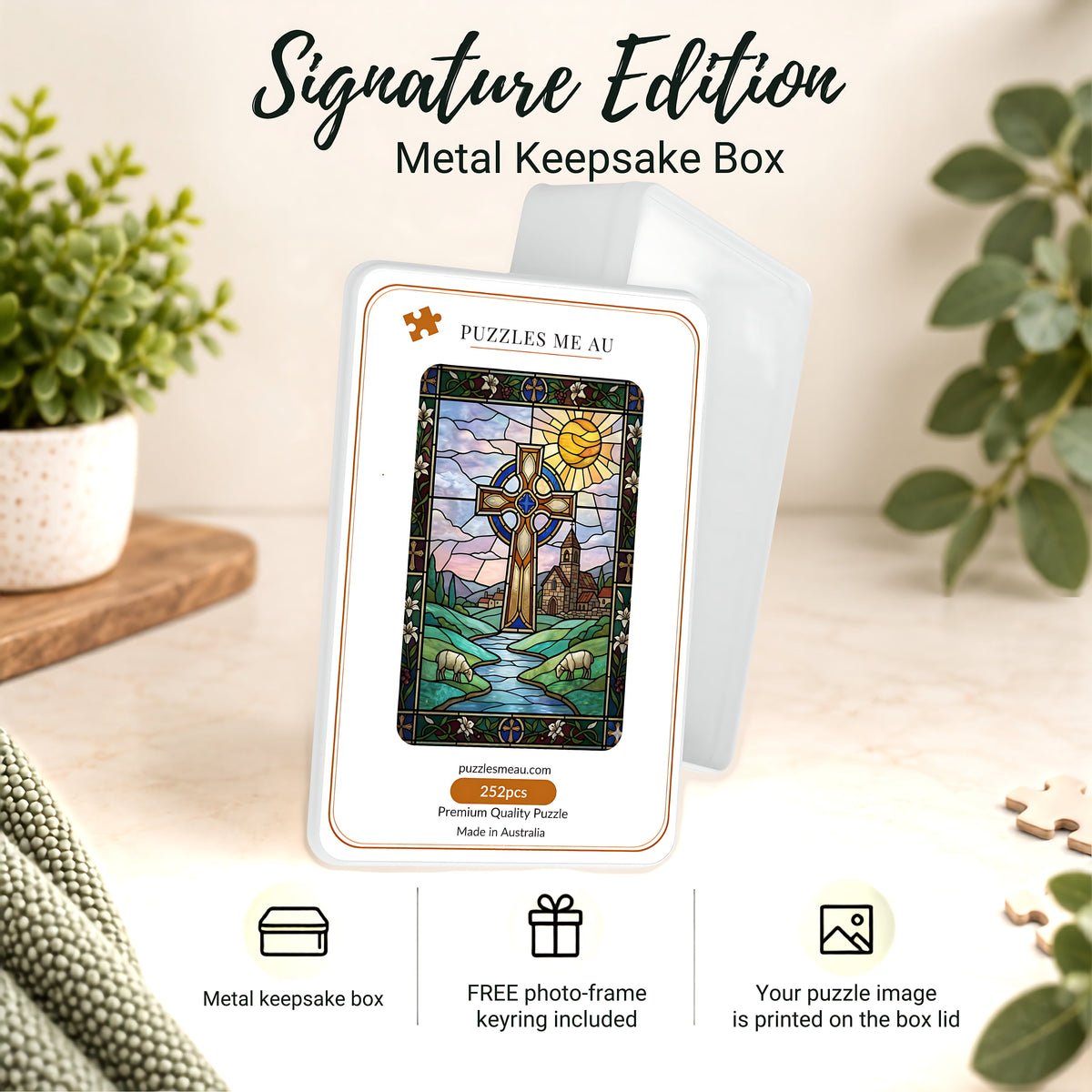 Celtic Cross-Stained Glass 252-piece jigsaw puzzle - Signature Edition metal keepsake box with free photo-frame keyring - gift ready - Puzzles Me AU