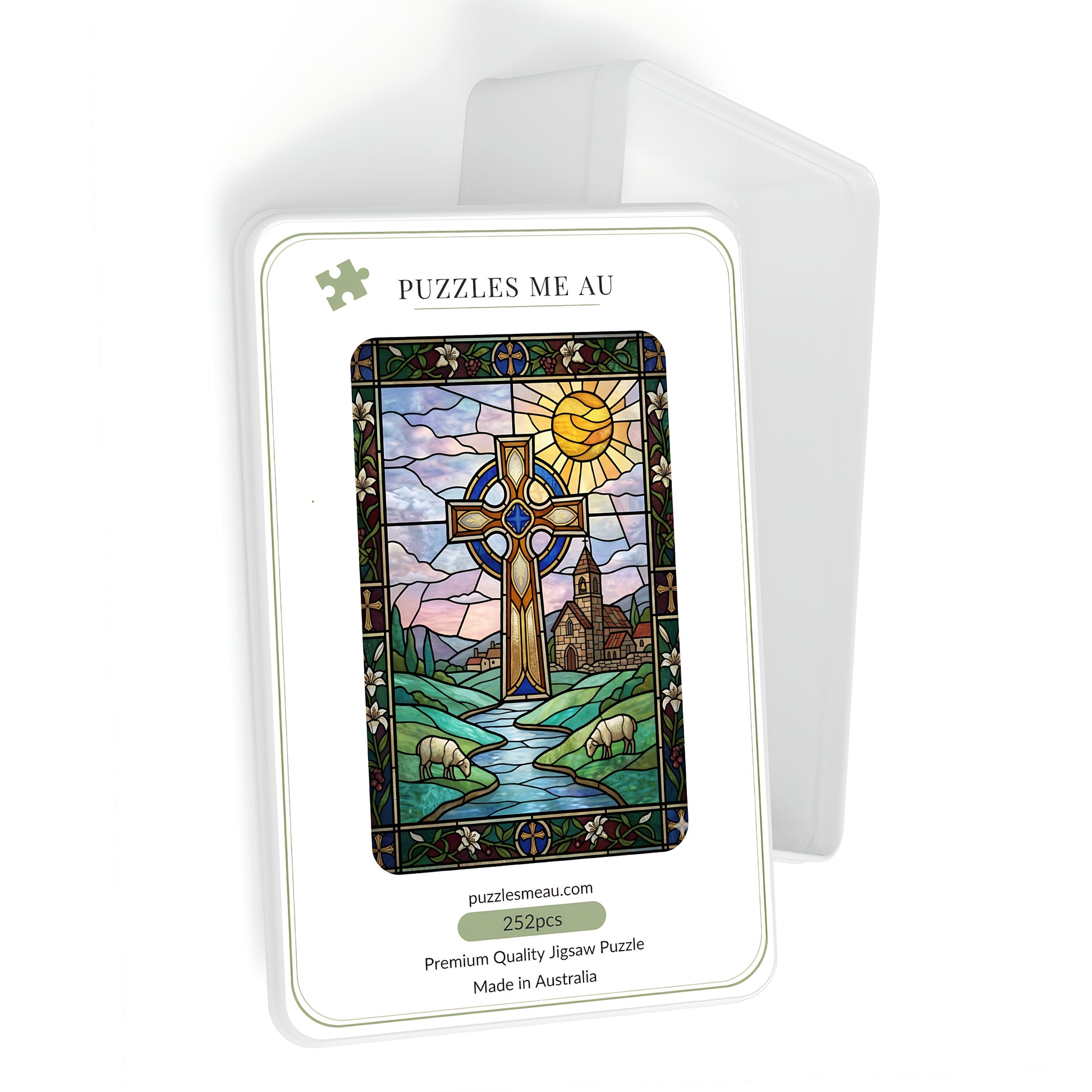 Celtic cross stained glass 252 piece jigsaw puzzle box - premium quality - made in Australia - Puzzles Me AU