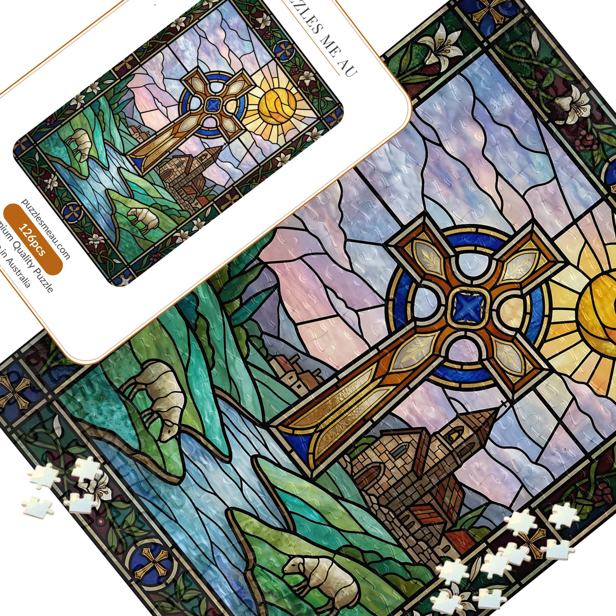 Celtic Cross Stained Glass magnetic puzzle 126 pieces - hero image showing completed puzzle with golden Celtic cross and stained glass art - handmade in Queensland Australia