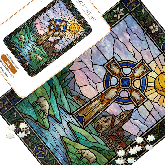 Celtic Cross Stained Glass magnetic puzzle 126 pieces - hero image showing completed puzzle with golden Celtic cross and stained glass art - handmade in Queensland Australia