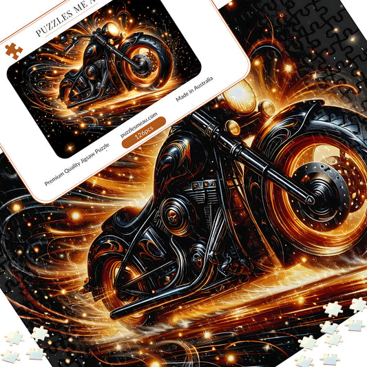 Chopper motorcycle 300 piece wooden puzzle - puzzle pieces spread alongside Puzzles Me AU branded box and Signature Edition metal keepsake box, dark flame artwork, handmade in Queensland Australia